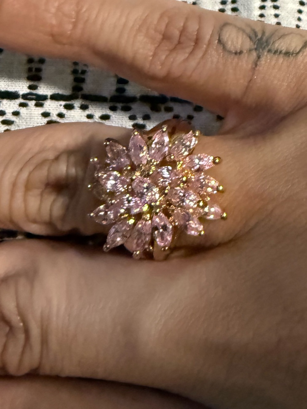 Gold Floral Cluster Ring with pink Stones - Women Jewelry
